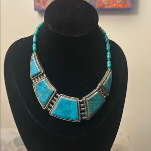 Vintage Mid-Century Nepal Brass Turquoise Necklace